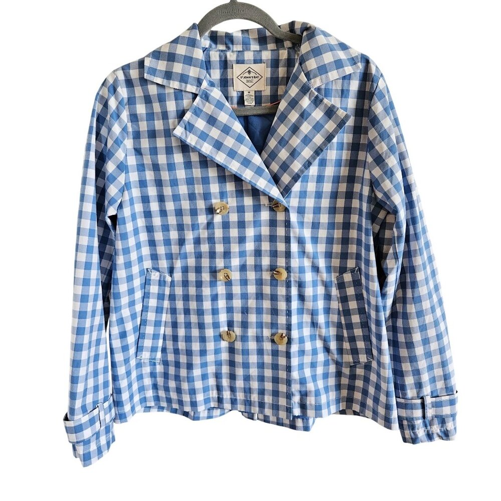 St. Johns Bay NWOT Woman SZ M Gingham Check Jacket Double Breasted Lined Preppy